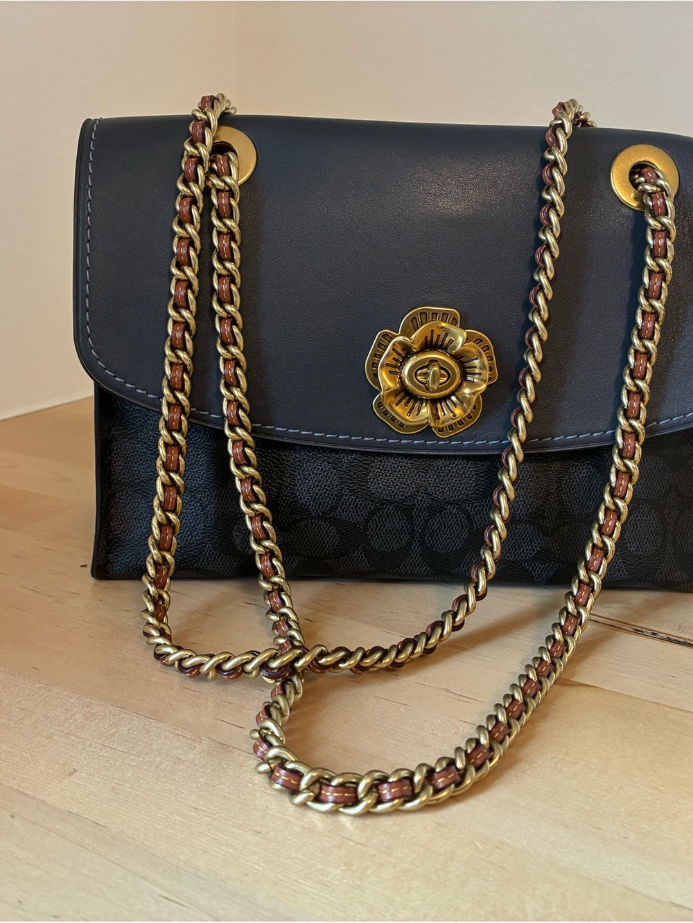 Coach Black Floral Turnlock Chain Shoulder Bag